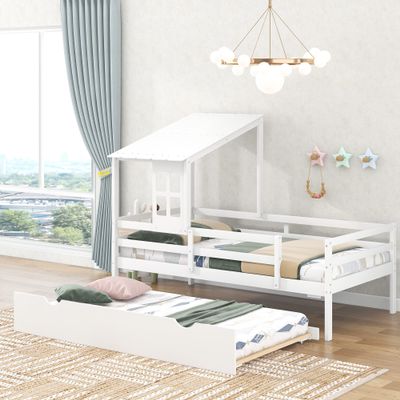 KLMM Twin Size Low Loft House Bed with Trundle,Roof and Window Design, Suitable for Children, Boys and Girls, Teenagers (White$O)