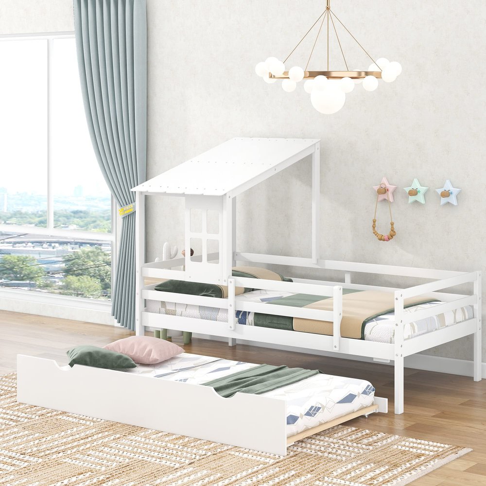 KLMM Twin Size Low Loft House Bed with Trundle,Roof and Window Design, Suitable for Children, Boys and Girls, Teenagers (White$O)