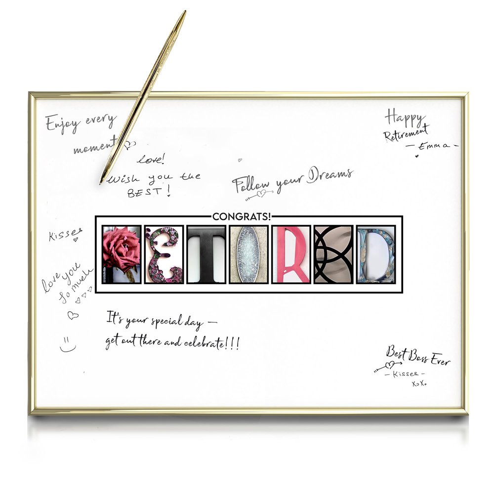 DOUBLESHOOT Framed Gold Retirement Decorations Guest Book for Womens - 12"x16" Retirement Poster for Women Including Gold Pen & Acrylic Glass - Unique Retirement Party Decor & Gift for Women