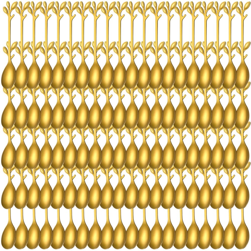 100 Pcs Demitasse Espresso Spoons Stainless Steel Bulk, 4.33'' Small Mini Coffee Tasting Dessert Spoons for Kitchen Dessert, Tea, Appetizer, 1.18'' Wide(Leave,Gold)