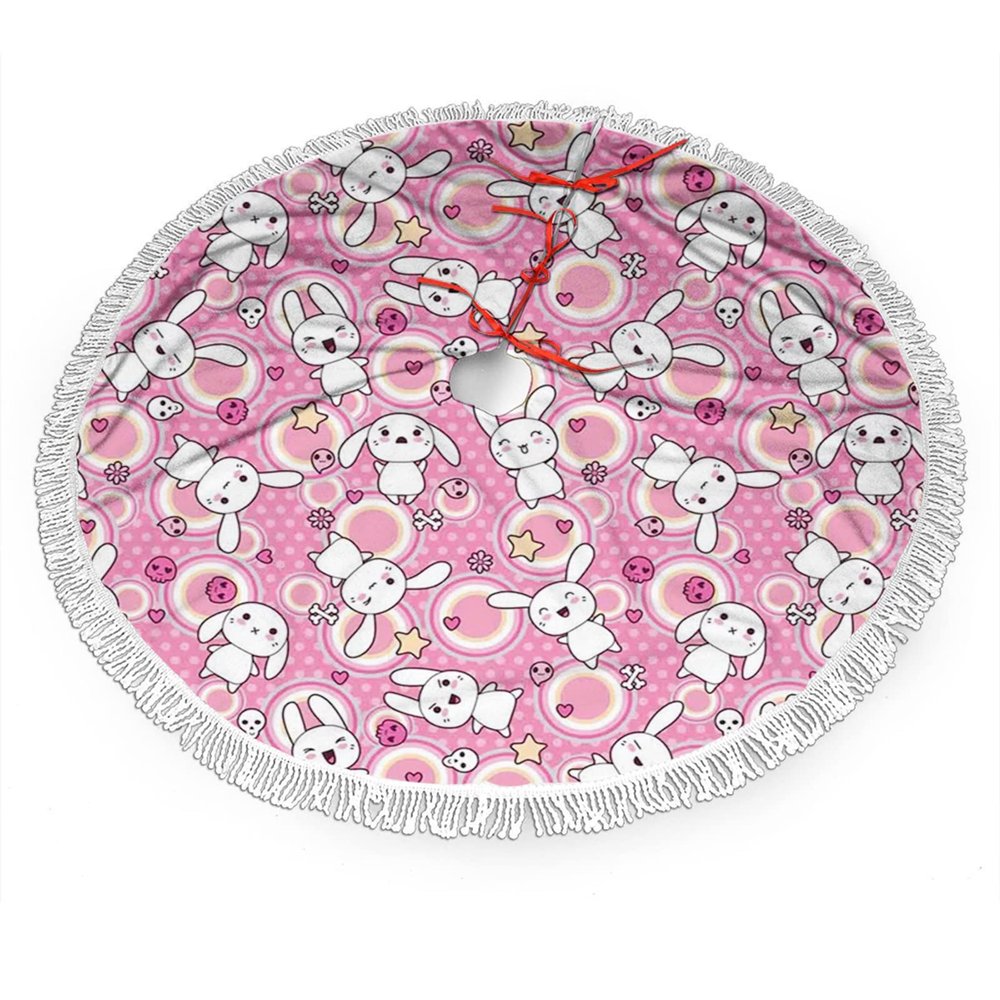 Anime Christmas Tree Skirt,Rabbits Funky Animals,Xmas Tree Skirts for Christmas Decorations, New Year House Decoration Supplies,White Pink 48 Inches