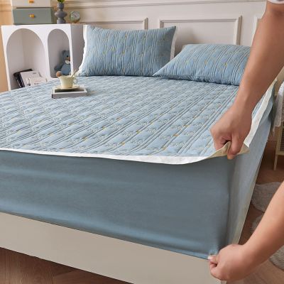 FCLDESHOP Deep Pocket Soft,Pure Cotton Quilted Bedding Sheets, Bedroom Homestay Holiday Home Printed Embroidery Ruffles Mattress Topper,Sky Blue,200cmx220cm