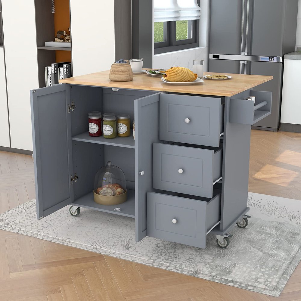 Kitchen Island Cart with Wheels and Drop-Leaf Top, Kitchen Cart with 2-Door Storage Cabinet, 3 Drawers, Wood Dining Room Island Table with Spice Rack, Towel Rack, Kitchen Island Easy Assembly