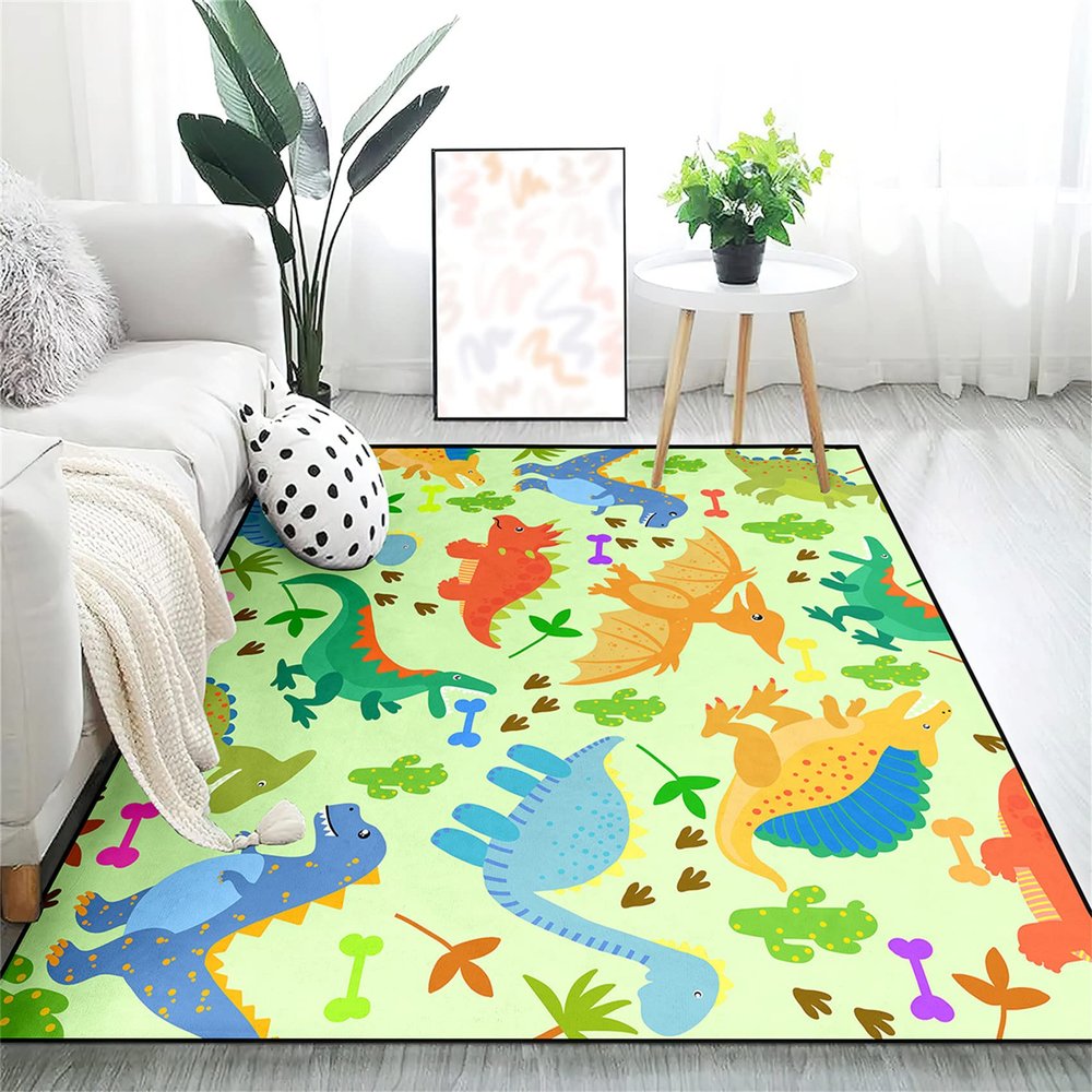 Cartoon Dinosaurs Area Rugs for Kids Green Lovely Animal Patterns Carpet Dinosaur Rugs for Boys Bedroom Living Dinning Room Bedroom Kitchen Playing Room, 4'5''6'