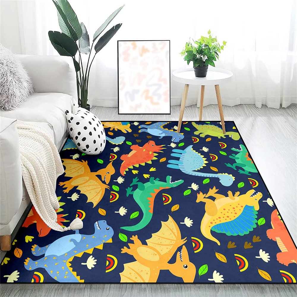 Cartoon Dinosaurs Area Rugs for Kids Navy Blue Lovely Animal Patterns Carpet Dinosaur Carpet for Boys Room Living Dinning Room Bedroom Kitchen Playing, 5'7'