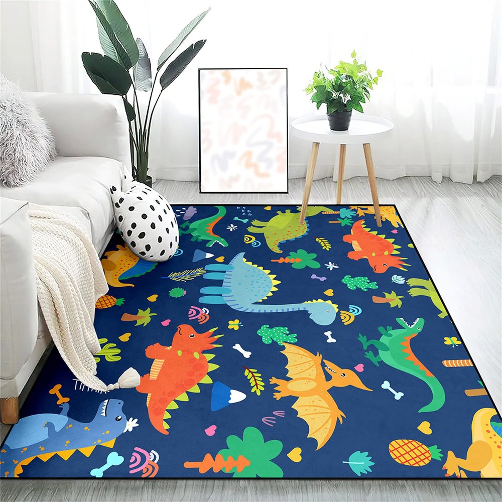 Cartoon Dinosaurs Area Rugs for Kids Blue Lovely Animal Patterns Carpet Dinosaur Rugs for Boys Bedroom Living Dinning Room Bedroom Kitchen Playing Room, 4'5''6'