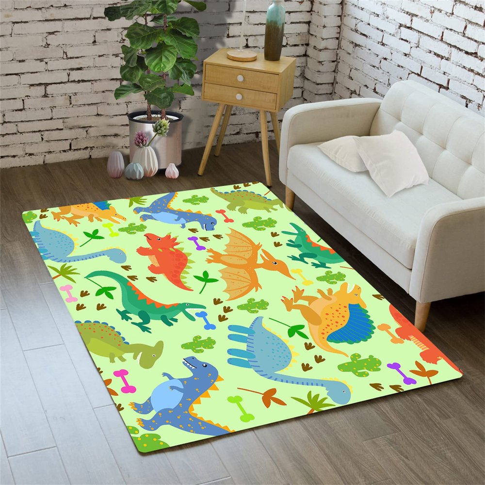 Cartoon Dinosaur Area Rugs Lovely Dinosaur Carpet Rugs for Boys Kids Green Cute Animal Patterns Carpet for Boys Bedroom Living Dinning Room Bedroom Kitchen Playing Room, 2'3'