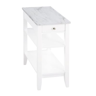 Convenience Concepts American Heritage Chairside End Table with Drawer 23.5" - Classic Living Room Table with Storage Shelf, Bedroom Nightstand, White Faux Marble/White