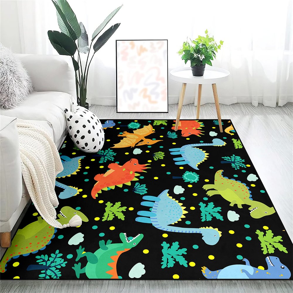 Cartoon Dinosaurs Area Rugs for Kids Black Lovely Animal Patterns Carpet Dinosaur Carpet for Boys Bedroom Kitchen Playing Room Dinosaur Room Decor, 5'7'