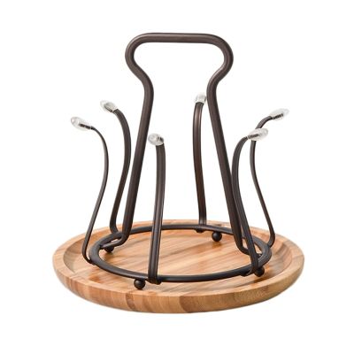 LIU- Cups Drying Holder with Round Wood Tray,Black Metal Mug Drainer Stand, Drinking Glass and Sports Bottle Organizer, for Kitchen