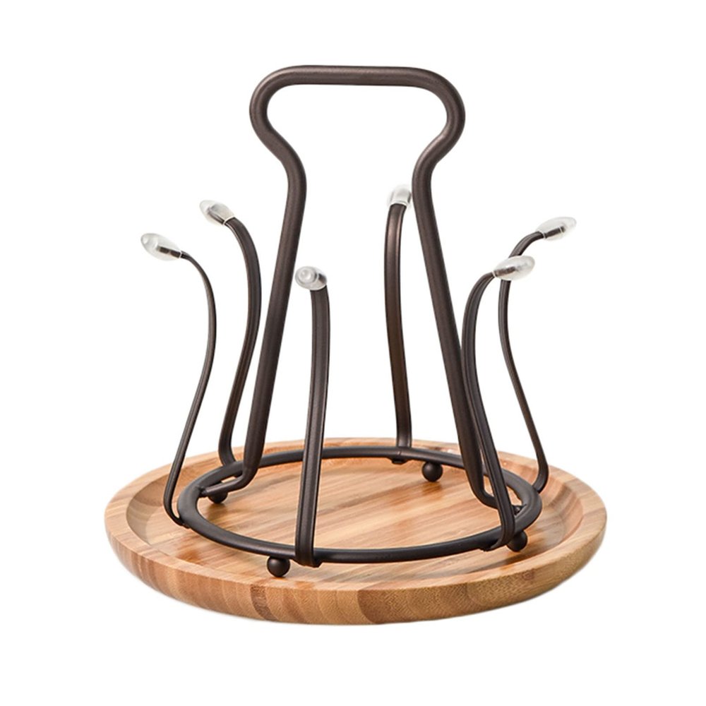 LIU- Cups Drying Holder with Round Wood Tray,Black Metal Mug Drainer Stand, Drinking Glass and Sports Bottle Organizer, for Kitchen