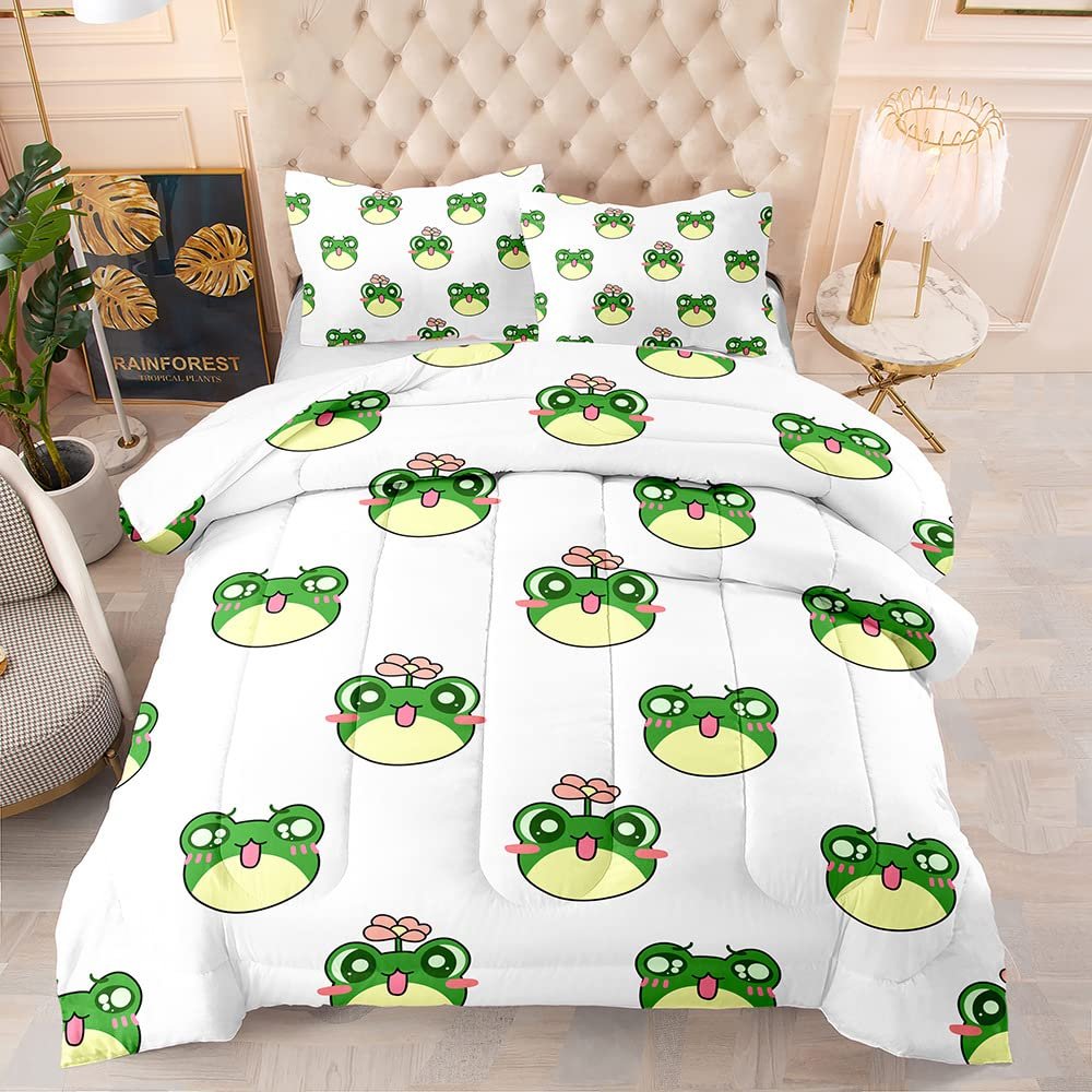Albideyaa Lovely Cartoon Little Green Frog Pattern Comforter Set for Bedroom Home Decor Full Size Girls Boys Bedding Duvet Set Soft Microfiber Kids Adult White Quilt Set with 2Pillowcase