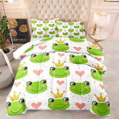 Albideyaa Gorgeous Green Frog Wear Gold Gittle Crown Pattern Girly Comforter Set Twin Size Pink Heart Wave Point Print Bedding Duvet Set Girls Women Quilt Set with 1Pillowcase