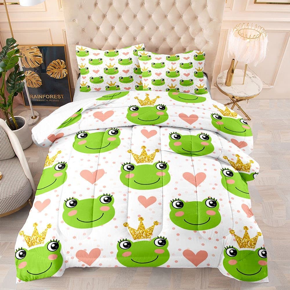 Albideyaa Gorgeous Green Frog Wear Gold Gittle Crown Pattern Girly Comforter Set Twin Size Pink Heart Wave Point Print Bedding Duvet Set Girls Women Quilt Set with 1Pillowcase