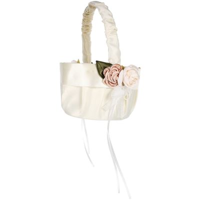 DECHOUS Wedding Flower Girl Baskets Satin Bowknot Flower Baskets Cloth Flower Satin Rose Romantic Petals Storage Baskets with Handle for Wedding Ceremony Decor Party Decor White