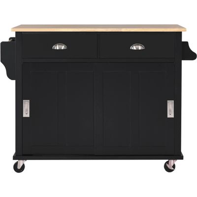 AMNOOL Kitchen cart for Living Room use with rubberwood Drop Leaf countertop, Hidden Sliding barn Door with Height Adjustment, 4-Wheel Kitchen Island with stBlack