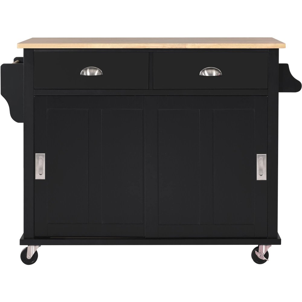 AMNOOL Kitchen cart for Living Room use with rubberwood Drop Leaf countertop, Hidden Sliding barn Door with Height Adjustment, 4-Wheel Kitchen Island with stBlack