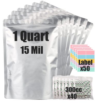 30pcs 1 Quart Mylar Bags for Food Storage (15 Mil Extra Thick 7.5 Mil Each Side) with Oxygen Absorbers 300CC (40pcs), 7"x10" Heat Sealable Zipper Mylar Bags for Long Term Food Storage