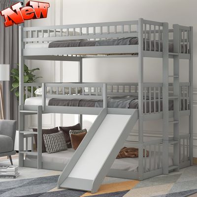 LEEKOUS Upgraded Version Luxurious Triple Bunk Bed Full Size with Slide, Thicken Solid Wood Full Over Full Over Full Triple Bunk Beds Frame with Ladders & Guardrails, Convertible Design (Grey)