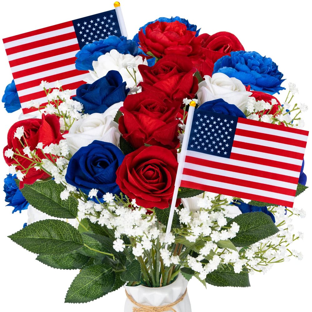 28 Pcs Red White and Blue Flowers, Patriotic Memorial Bouquet Atificial Flowers, Thank You Veterans Roses with American Flags, Artificial Full Blooming Flower for Memorial Day, Red/Blue/White