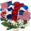 28 Pcs Red White and Blue Flowers, Patriotic Memorial Bouquet Atificial Flowers, Thank You Veterans Roses with American Flags, Artificial Full Blooming Flower for Memorial Day, Red/Blue/White view 1
