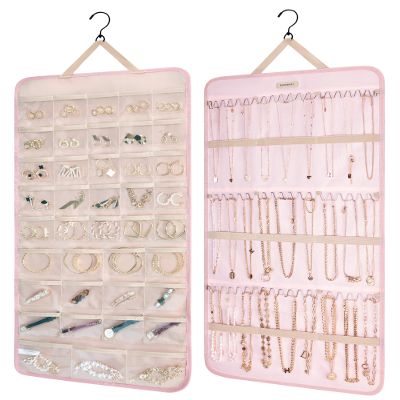 BAGSMART Hanging Jewelry Organizer Storage Roll with Hanger Metal Hooks Double-Sided Jewelry Holder for Earrings, Necklaces, Rings on Closet, Wall, Door, 1 piece, Extra Large, Pink