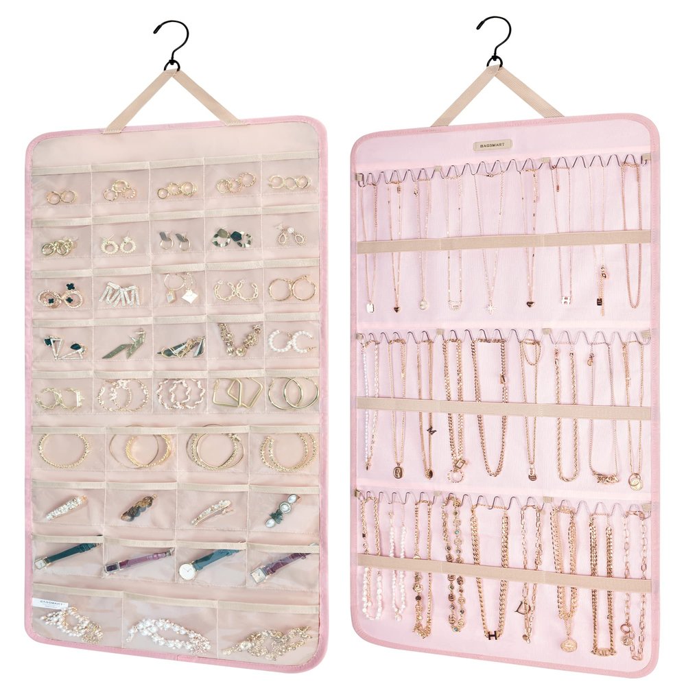 BAGSMART Hanging Jewelry Organizer Storage Roll with Hanger Metal Hooks Double-Sided Jewelry Holder for Earrings, Necklaces, Rings on Closet, Wall, Door, 1 piece, Extra Large, Pink