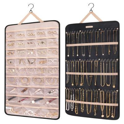 BAGSMART Hanging Jewelry Organizer Storage Roll with Hanger Metal Hooks Double-Sided Jewelry Holder for Earrings, Necklaces, Rings on Closet, Wall, Door, 1 piece, Extra Large, Black