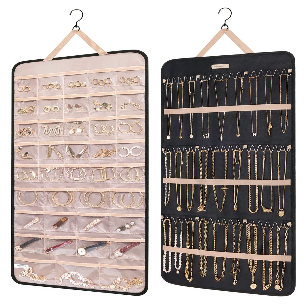 BAGSMART Hanging Jewelry Organizer Storage Roll with Hanger Metal Hooks Double-Sided Jewelry Holder for Earrings, Necklaces, Rings on Closet, Wall, Door, 1 piece, Extra Large, Black