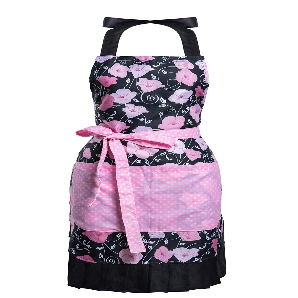 Alex Virtue Lovely Flower Pattern Retro Aprons With Large Pockets for Women Girls Cooking Kitchen Bakery Mother's Gift (Pink Bloom)