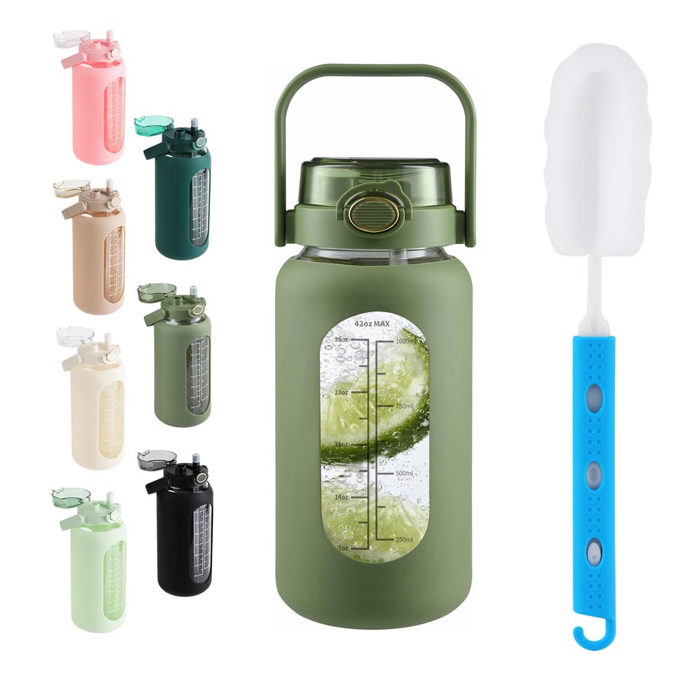 SIEROZUR 42oz Glass Water Bottle with 2-in-1 Straw Lid Large Half Gallon Water Bottle with Time Marker & Removable Silicone Sleeve,Wide Mouth BPA-Free Borosilicate Bottle for Gym, Workout & Daily Use