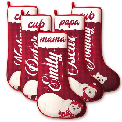 Christmas Stockings Personalized - Set of 5 - with Polar Bear Design, Title and Name - Custom Family Stockings for Kids - Xmas Fireplace Decoration