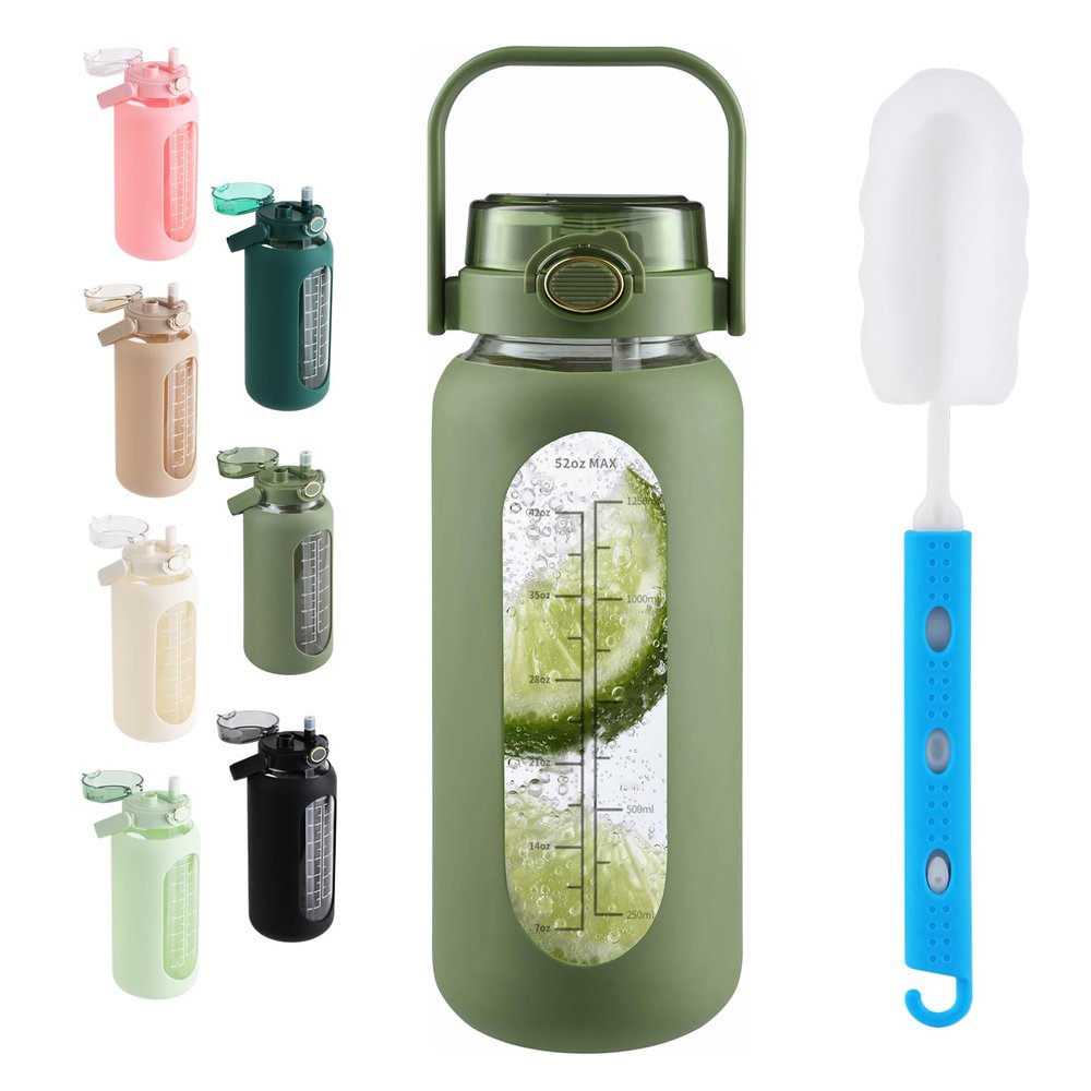 SIEROZUR 52oz Glass Water Bottle with 2-in-1 Straw Lid Large Half Gallon Water Bottle with Time Marker & Removable Silicone Sleeve,Wide Mouth BPA-Free Borosilicate Bottle for Gym, Workout & Daily Use