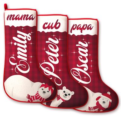 Christmas Stockings Personalized - Set of 3 - with Polar Bear Design, Title and Name - Custom Family Stockings for Kids - Xmas Fireplace Decoration