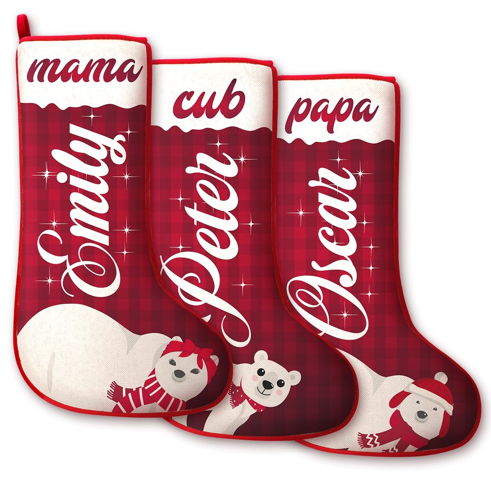 Christmas Stockings Personalized - Set of 3 - with Polar Bear Design, Title and Name - Custom Family Stockings for Kids - Xmas Fireplace Decoration