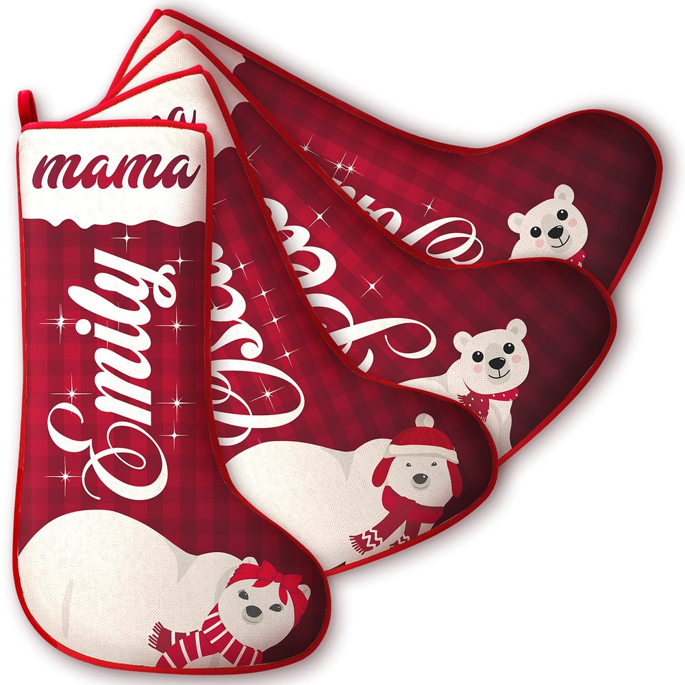 Christmas Stockings Personalized - Set of 4 - with Polar Bear Design, Title and Name - Custom Family Stockings for Kids - Xmas Fireplace Decoration