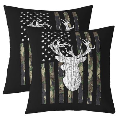 American Flag Cushion Covers 20x20 Set of 2, Deer Hunting Camo Throw Pillow Covers For Outdoors Car Chair, Military Camouflage Pillow Covers, Western Rustic Farmhouse Stars Stripes Cushion Cases