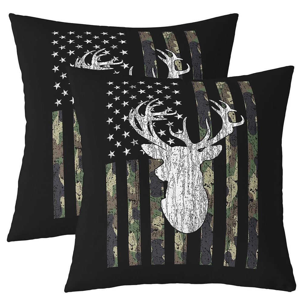 American Flag Cushion Covers 20x20 Set of 2, Deer Hunting Camo Throw Pillow Covers For Outdoors Car Chair, Military Camouflage Pillow Covers, Western Rustic Farmhouse Stars Stripes Cushion Cases