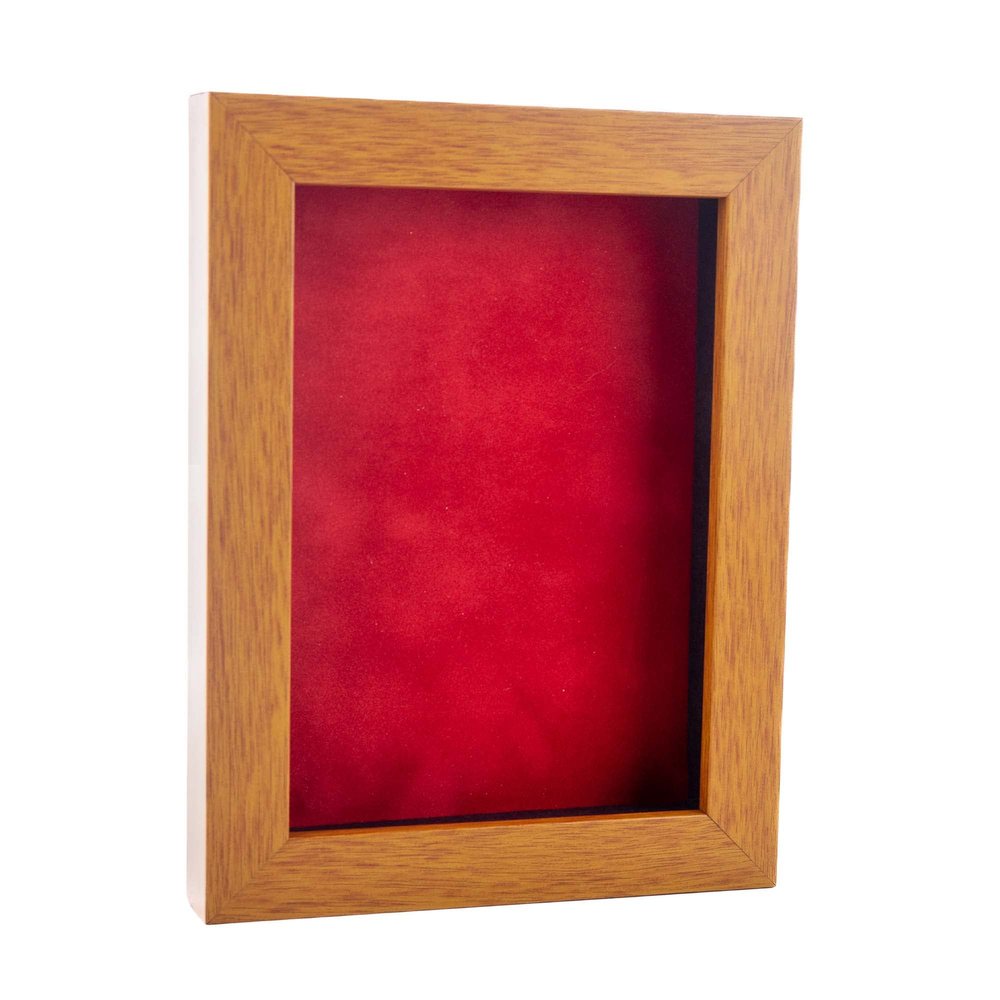 11x14 Shadow Box Frame Light Brown Wood | with a 3/4" Usable Display Depth | Includes a Red Real Suede Texture Acid-Free Backing Board, UV Resistant Acrylic, and Hanging Hardware