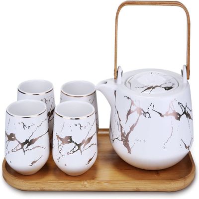 Japanese Style Tea Service Set with Wooden Tray, Ceramic Teapot Tea Cups Set, China Porcelain Tea Set for Home and Office (White)