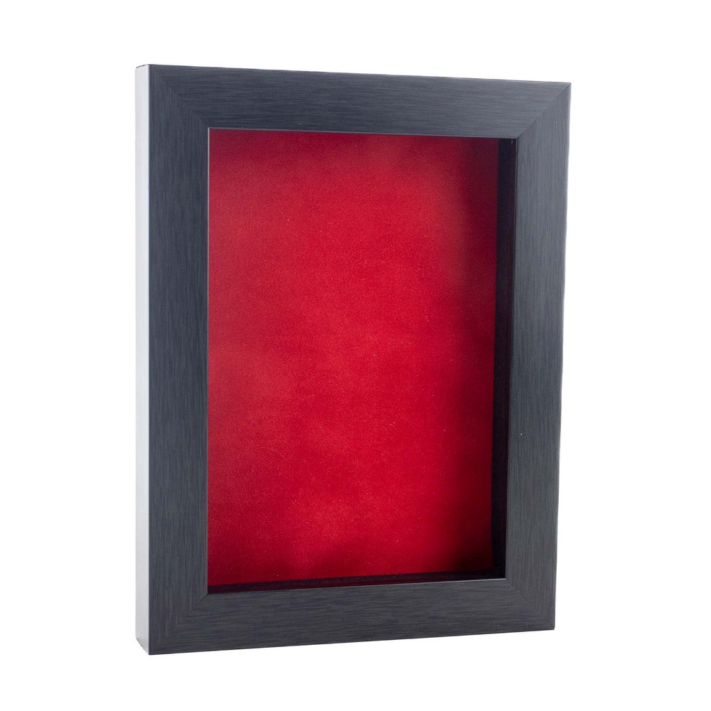 11x14 Shadow Box Frame Charcoal Gray Wood | with a 3/4" Usable Display Depth | Includes a Red Real Suede Texture Acid-Free Backing Board, UV Resistant Acrylic, and Hanging Hardware