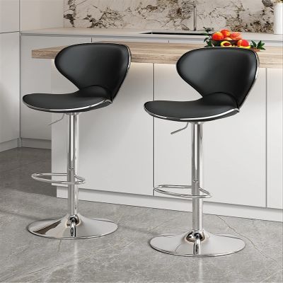 Black Bar Stools Set of 3 Modern Nappa Leather Bar Chair with Back Height Adjustable Swivel Barstools Hydraulic Kitchen Counter Island Chromed Metal Base Footrest, for Restaurant, Living Rooms Offices