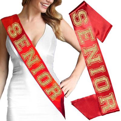 Senior Sash Red - Gold Sparkle Senior Red Premium Grade Satin Sash - High School College Senior Gifts - RedStn(SNR) GLD
