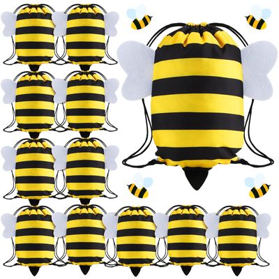 Kingdder 12 Pcs Bee Drawstring Bags Honey Bee Party Favor Bags Themed Birthday Sport Sack Gym Cloth Backpack Candy Goodie for Kids Boys Girls Animal Party Baby Shower Supply Decoration