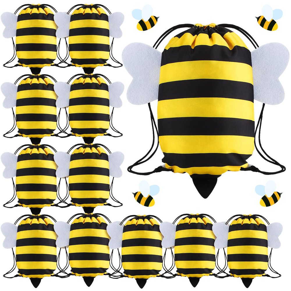 Kingdder 12 Pcs Bee Drawstring Bags Honey Bee Party Favor Bags Themed Birthday Sport Sack Gym Cloth Backpack Candy Goodie for Kids Boys Girls Animal Party Baby Shower Supply Decoration