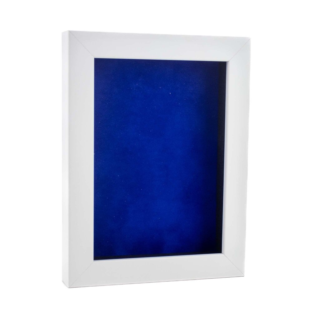 11x14 Shadow Box Frame White Wood | with a 3/4" Usable Display Depth | Includes a Royal Blue Real Suede Texture Acid-Free Backing Board, UV Resistant Acrylic, and Hanging Hardware
