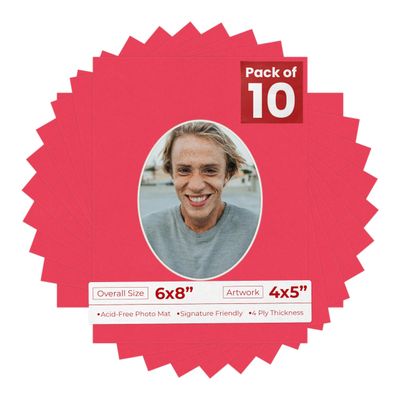 6x8 Mat Bevel Cut for 4x5 Photos - Precut Cardinal Red Oval Shaped Photo Mat Board Opening - Acid Free Matte to Protect Your Pictures - Bevel Cut for Family Photos, Pack of 10 Matboards