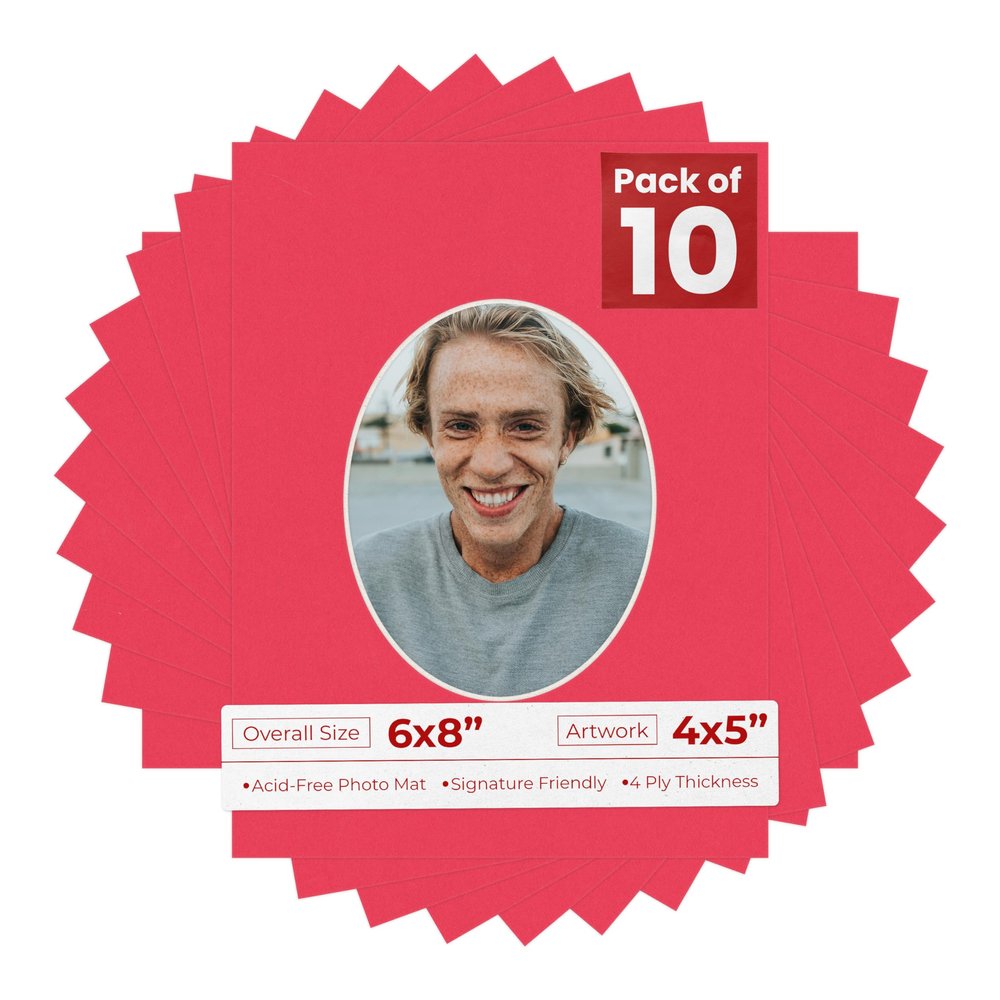 6x8 Mat Bevel Cut for 4x5 Photos - Precut Cardinal Red Oval Shaped Photo Mat Board Opening - Acid Free Matte to Protect Your Pictures - Bevel Cut for Family Photos, Pack of 10 Matboards
