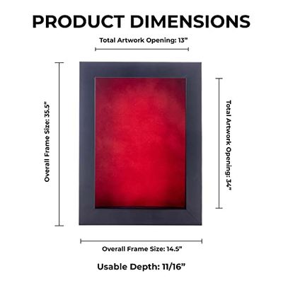 13x34 Shadow Box Frame Black Wood | with a 3/4" Usable Display Depth | Includes a Red Real Suede Texture Acid-Free Backing Board, UV Resistant Acrylic, and Hanging Hardware