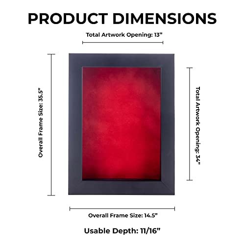 13x34 Shadow Box Frame Black Wood | with a 3/4" Usable Display Depth | Includes a Red Real Suede Texture Acid-Free Backing Board, UV Resistant Acrylic, and Hanging Hardware